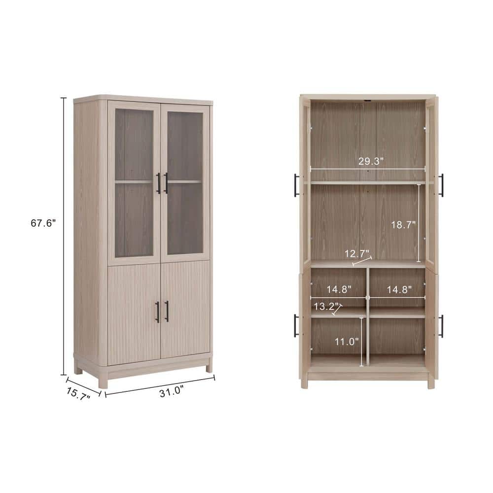 67.6" White Washed Oak Adjustable Bookcase Set with Glass Doors
