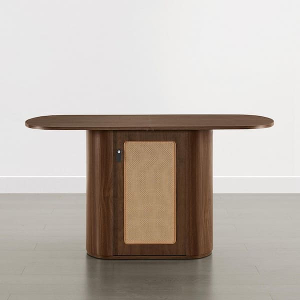 Mira Walnut 55 in. Rounded Rectangular Wood Top Dining Table with Storage Pedestal, Cross Rattan Door, Seats 4