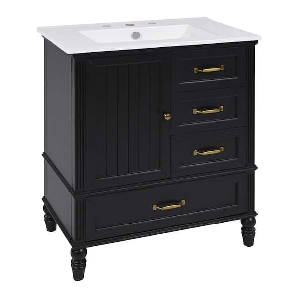 CHRISTOPHER KNIGHT HOME Solvane 30 in. Modern Bathroom Black Bath Vanity with White Ceramic Top Sink, Cabinet, Drawers, Solid Wood Legs