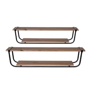 36 in W x 10 in D Dark Natural Wood and Metal Set of 2-Decorative Wall Shelf