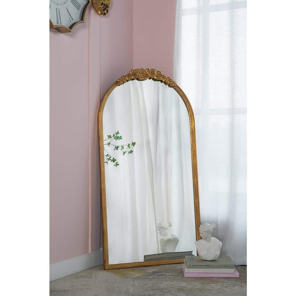 28 in. W x 53 in. H Arch Fir Wood Framed Gold Leaning Mirror Wall Mounted Decorative Mirror CORN