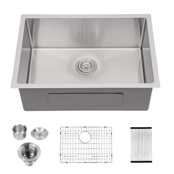 Sarlai 26 in. Undermount Single Bowl 18-Gauge Stainless Steel Round Corner Kitchen Sink with Bottom Grid