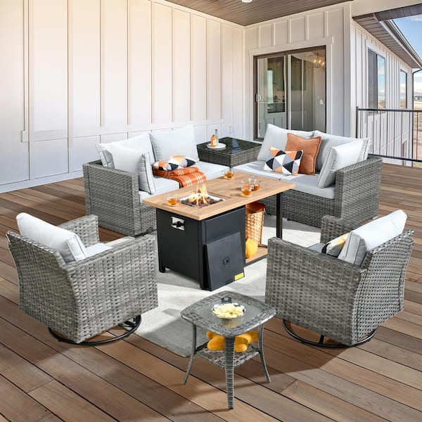 weaxty W Daffodil Gray 9-Piece Wicker Patio Storage Fire Pit Conversation Set with Swivel Rocking Chairs and Light Gray Cushions