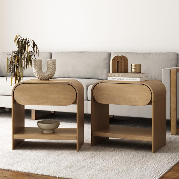 Iris 22 in. W Mid-Century Modern Rounded Wood 1 Drawer Nightstand with Drawer, for Bedroom or Living Room, Set of 2