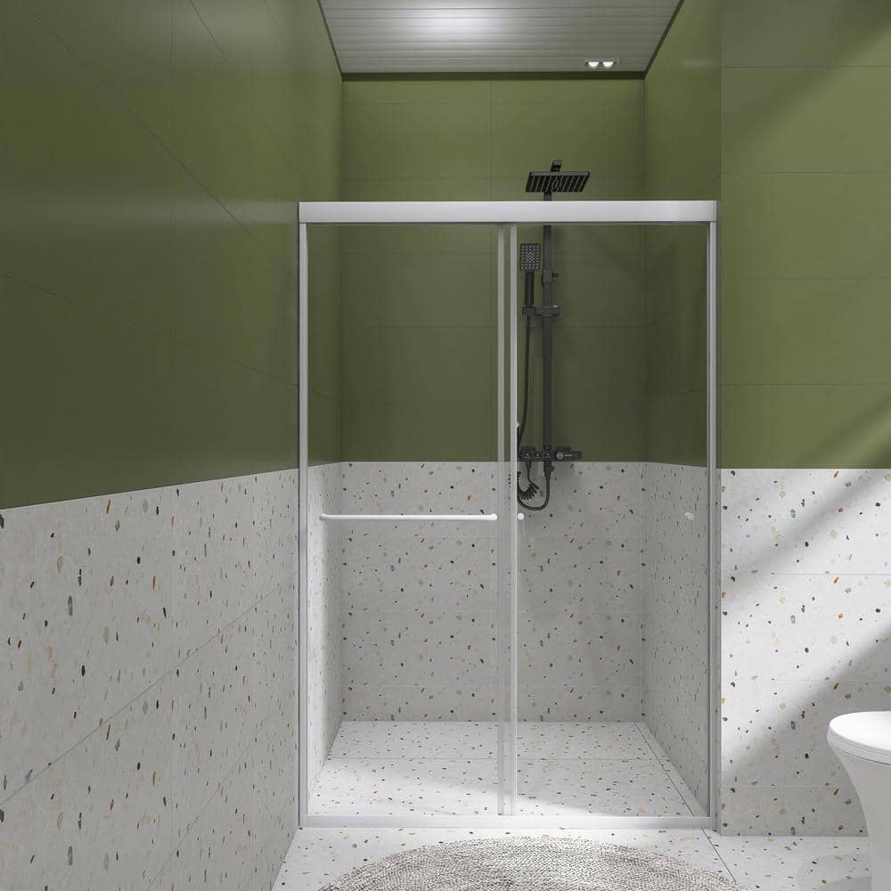 48 in. W x 72 in. H Double Sliding Framed Shower Door in Brushed Nickel Fin
