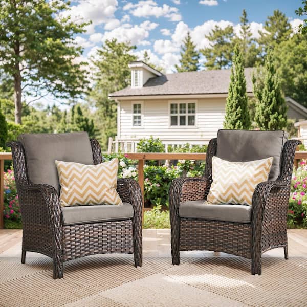 ArcoBay Metal and Brown Wicker Outdoor Lounge Chair with Olefin Gray Cushions (2-Pack)