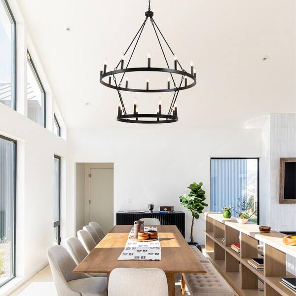 Black 8-Light Wagon Wheel Chandelier – 26 Inch Farmhouse Fixture For Dining Room, Kitchen, Porch