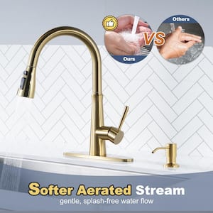 3 Functions Single Handle Pull Down Sprayer Kitchen Faucet with Soap Dispenser in Stainless Steel Brushed Gold