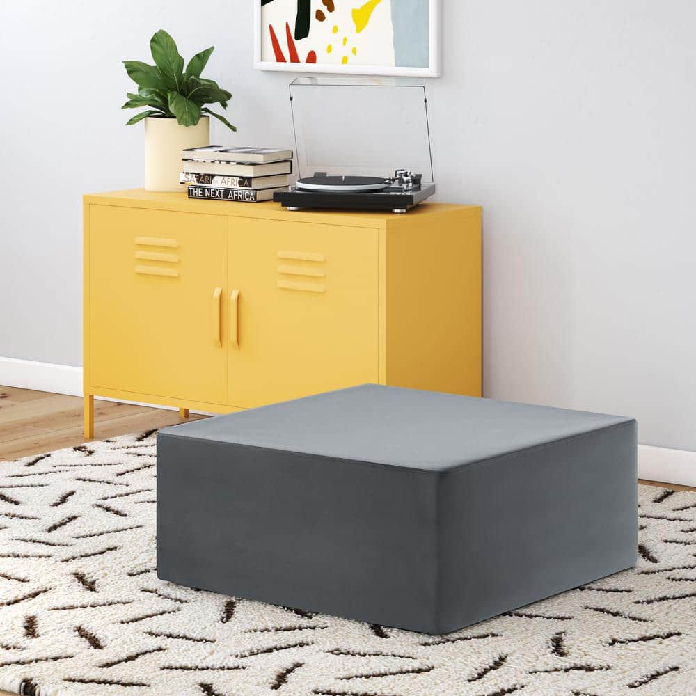 Medium Gray Velvet Rectangular Pouf Ottoman
