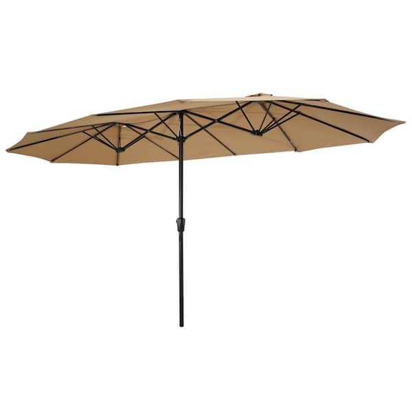 GAWEZA 15 ft. x 9 ft. Steel Market Patio Umbrella in Taupe Rectangular Double-Sided Outdoor Umbrella