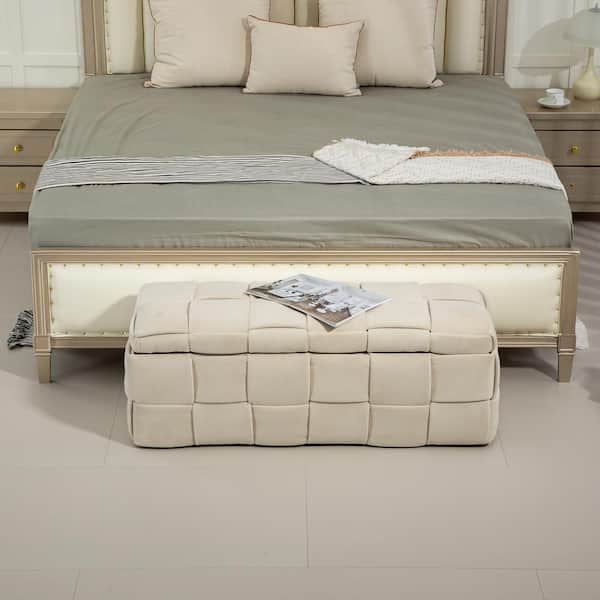 Noble House Cina Beige Upholstered Velvet Storage Ottoman Bench with Safety Hinge, Rubberwood Frame
