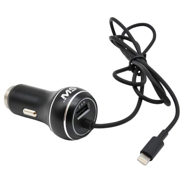 MobileSpec 12-Volt/DC 2.4 Amp USB Charger with Lightning Cable, Black