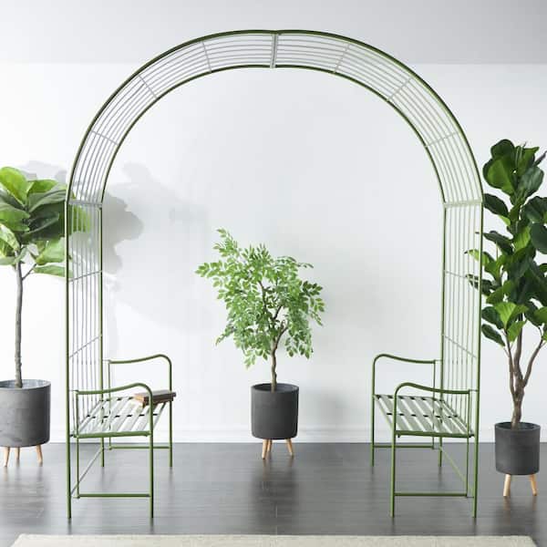 Litton Lane 108 in. x 44 in. Metal Large Arched Garden Arbor with 2 Attached Benches