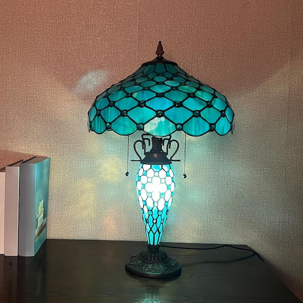 VINPLUS 24in. Dark Bronze Tiffany Table Lamp with Blue Stained