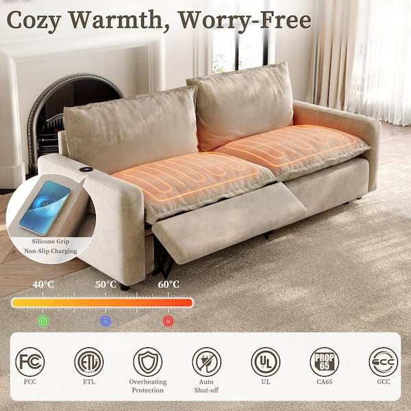 Loveseat Power Recliner Sofa, 83 in. Square Arm Khaki Linen Modular Motion Sectional Sofa with Heating, Charging Ports
