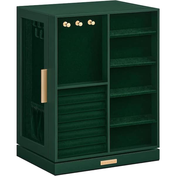 Afoxsos 6.3"D x 8.7"W x 11.2"H, Green MDF Rotating Jewelry Storage Box Organizer with 5 Drawers and Glass Window