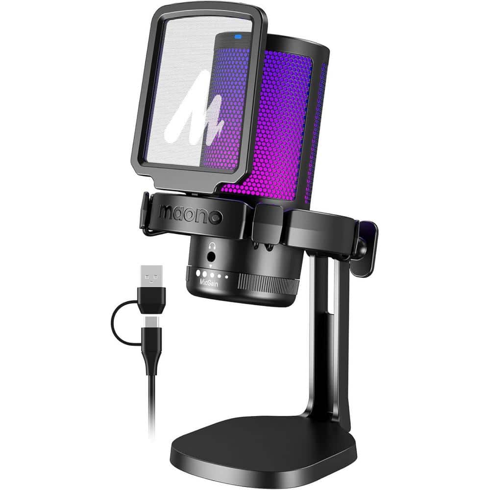 Gaming Microphone with Noise Cancellation and USB Condenser Mic in Black
