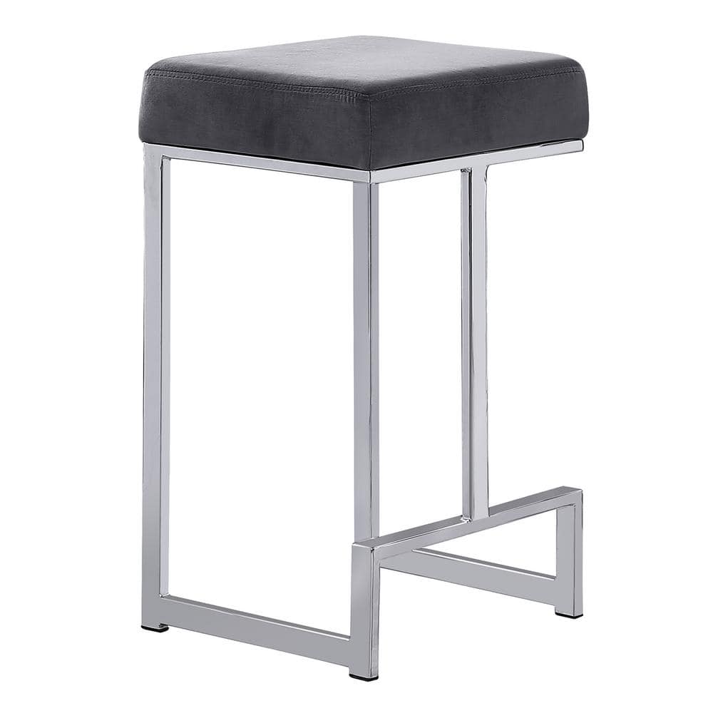 Gray Faux Leather Backless Counter Stools with Stainless Steel Base, Set of 2