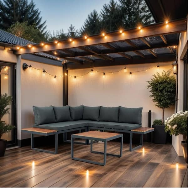 Tenleaf 4-Piece Steel L-Shaped 5-Seater Patio Conversation Set with Dark Gray Cushions, Side Table