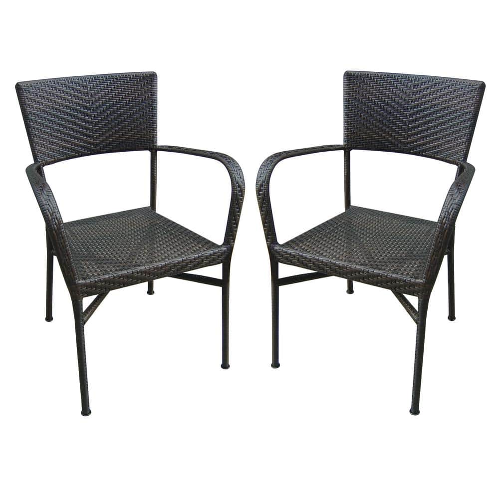 Stacking wicker patio dining armchair, outdoor woven chair in brown, set of