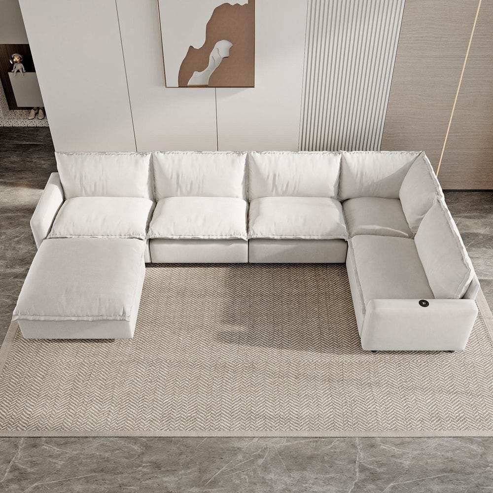 140.16 in. Square Arm 6-Piece Linen U-Shaped Sectional Sofa For Spacious Living Room with Ottoman in Beige