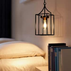 Modern Black Pendant Light Industrial 1-Light Cage Pendant Light with Cylinder Clear Glass Shade and Brass Accents