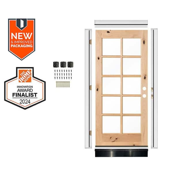 DIY 32 in. x 80 in. Knotty Alder Left-Hand 10-Lite Clear Glass Unfinished Wood Front Door Kit w/ Quick Assemble Jamb