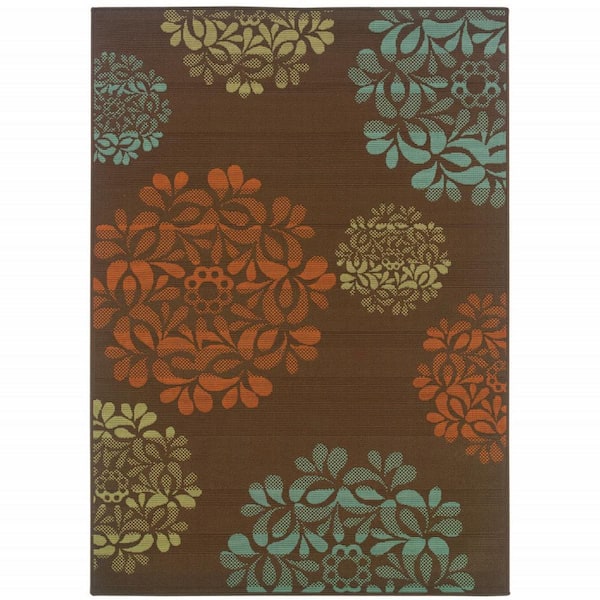 Brown 2 ft. x 4 ft. Loomed Floral Polypropylene Rectangle Indoor/Outdoor Area Rug