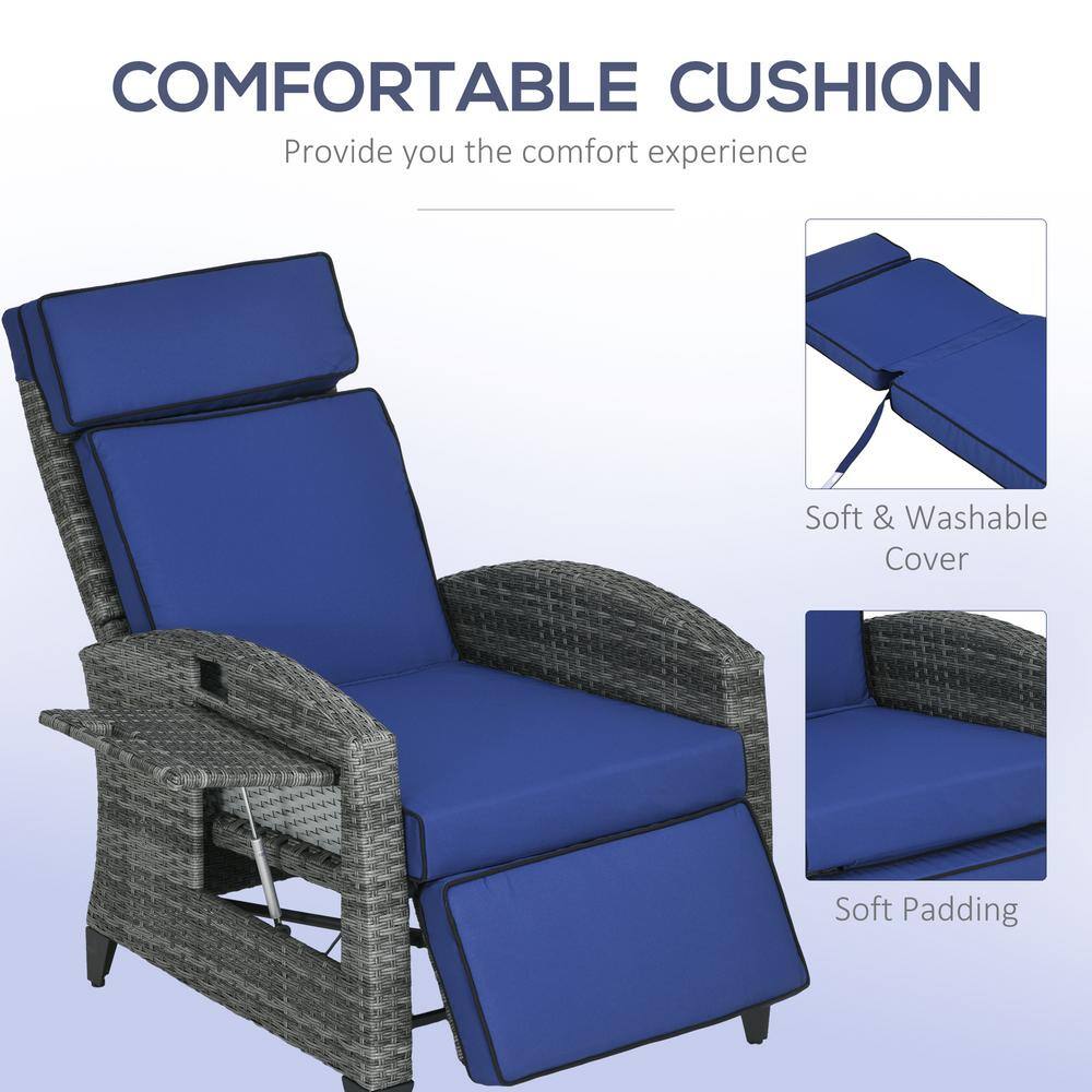 Dark Blue Wicker Reclining Outdoor Lounge Chair with Cushions