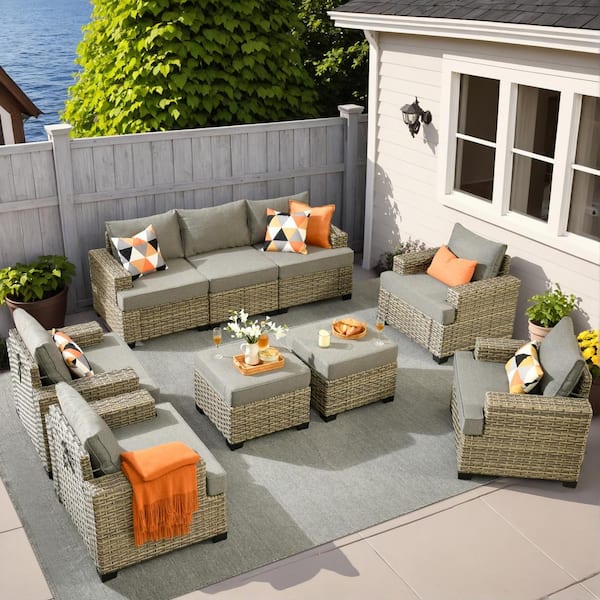 XIZZI Taylor 9-Piece Wicker Outdoor Patio Conversation Seating Set with Dark Gray Cushions