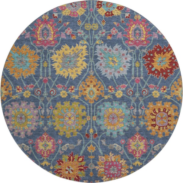 Mayfield Premium Machine Washable Abstract AMF2288 Navy 8 ft. x 8 ft. Round Rug