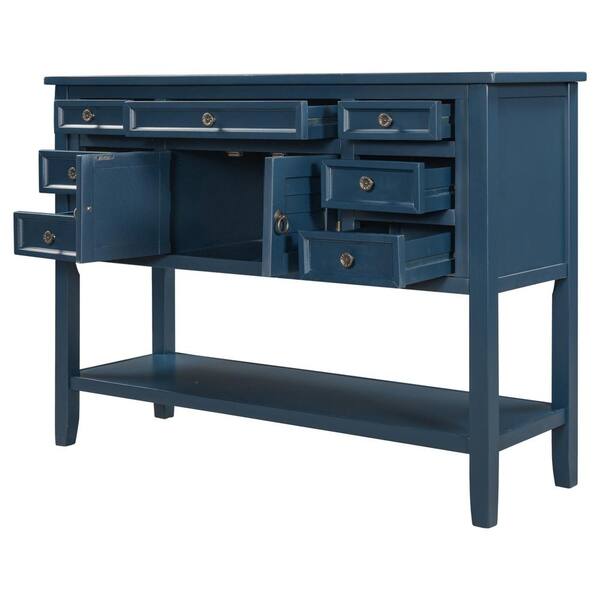 Modern 45 In Navy Blue Standard Rectangle Wood Console Table With 7 Drawers 1 Cabinet And Shelf Hd Wf197822aav Modern 45 In Navy Blue Standard, Blue Console Table With Shelves
