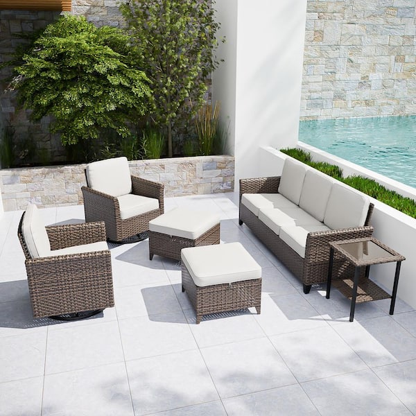 Brown Rattan Wicker 6-Piece Outdoor Patio Conversation Set with Beige Cushions, Side Table, Ottomans