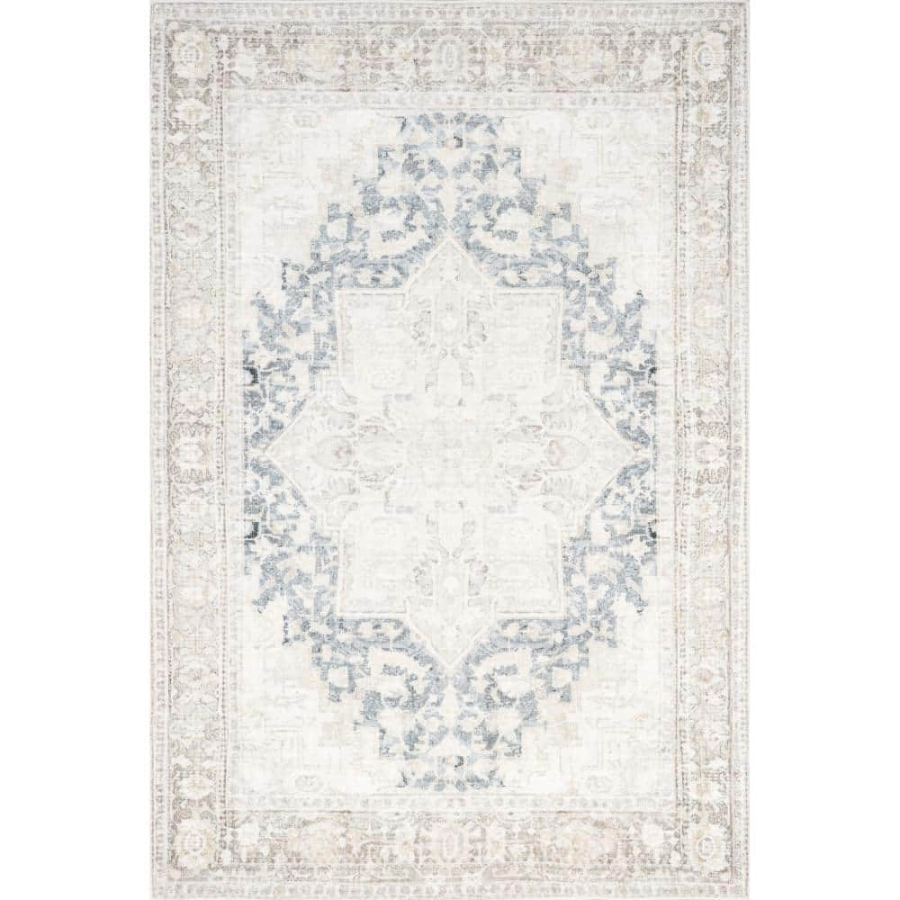 nuLOOM Emely Medallion Machine Washable Beige 7 ft. x 9 ft. Oriental Area Rug