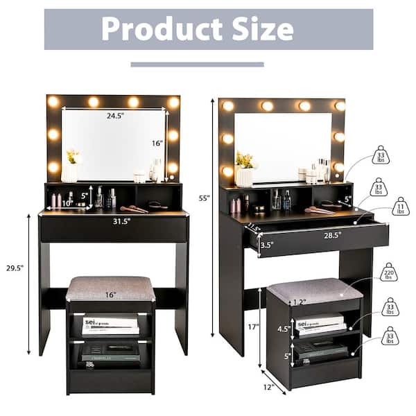 Vanity Desk Set with Large LED Lighted Mirror with 11 Drawers for