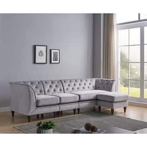 Danna GrayVelvet 4-Seater L-Shaped Modular Chesterfield Sectional Sofa with Tapered Wood Legs