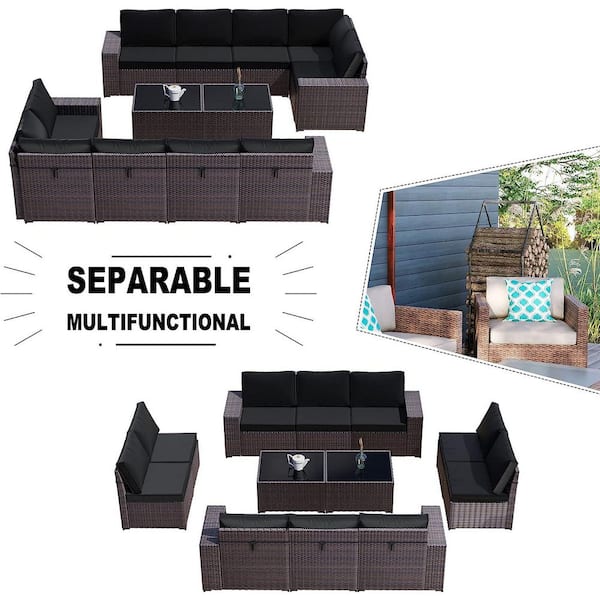 12-Piece Brown Wicker Outdoor Sectional Set with Glass Coffee Table and Black Cushions, Patio Chat