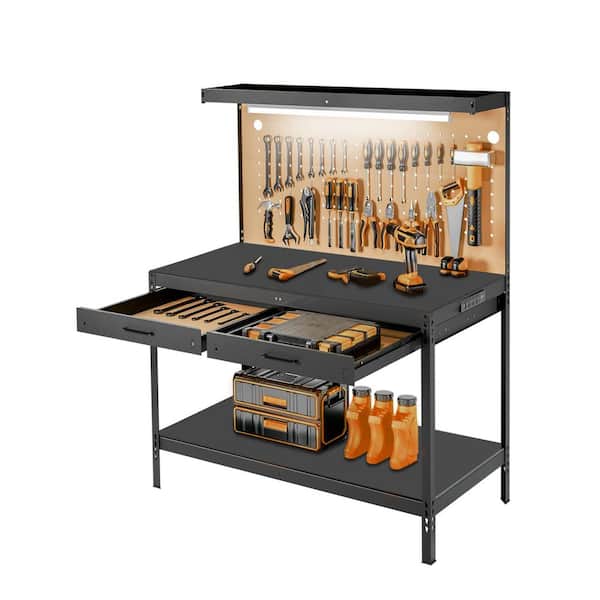 600LBS Capacity Workbench with 120 Volt LED Work Light, A3 Steel Work Table for Garage Tool Storage, Workshop & Basement