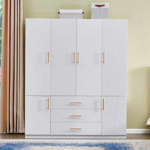Keloyid White Wooden 74 in. H x 63 in.W 20.3 in.D Bedroom Wardrobe Armoire Closet with 3-Drawers and 6-Doors