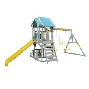 Seacove Wooden Playset with Table & Bench, Slide and Rock Wall, Blue and Yellow