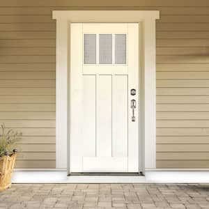 36 in. x 80 in. Smooth White Left-Hand Inswing 3-Lite Water Wave Craftsman Finished Fiberglass Prehung Front Door