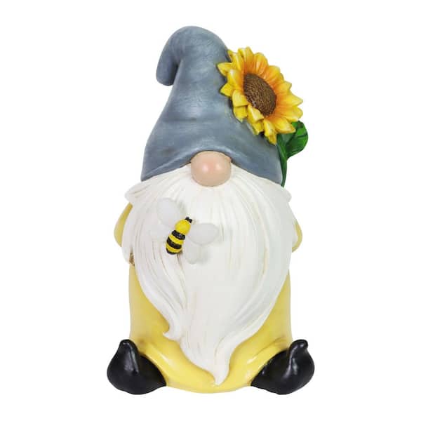 Exhart Solar Hand Painted with Sunflower Hat, 5.5 in. x 9 in. Gnome Garden Statue