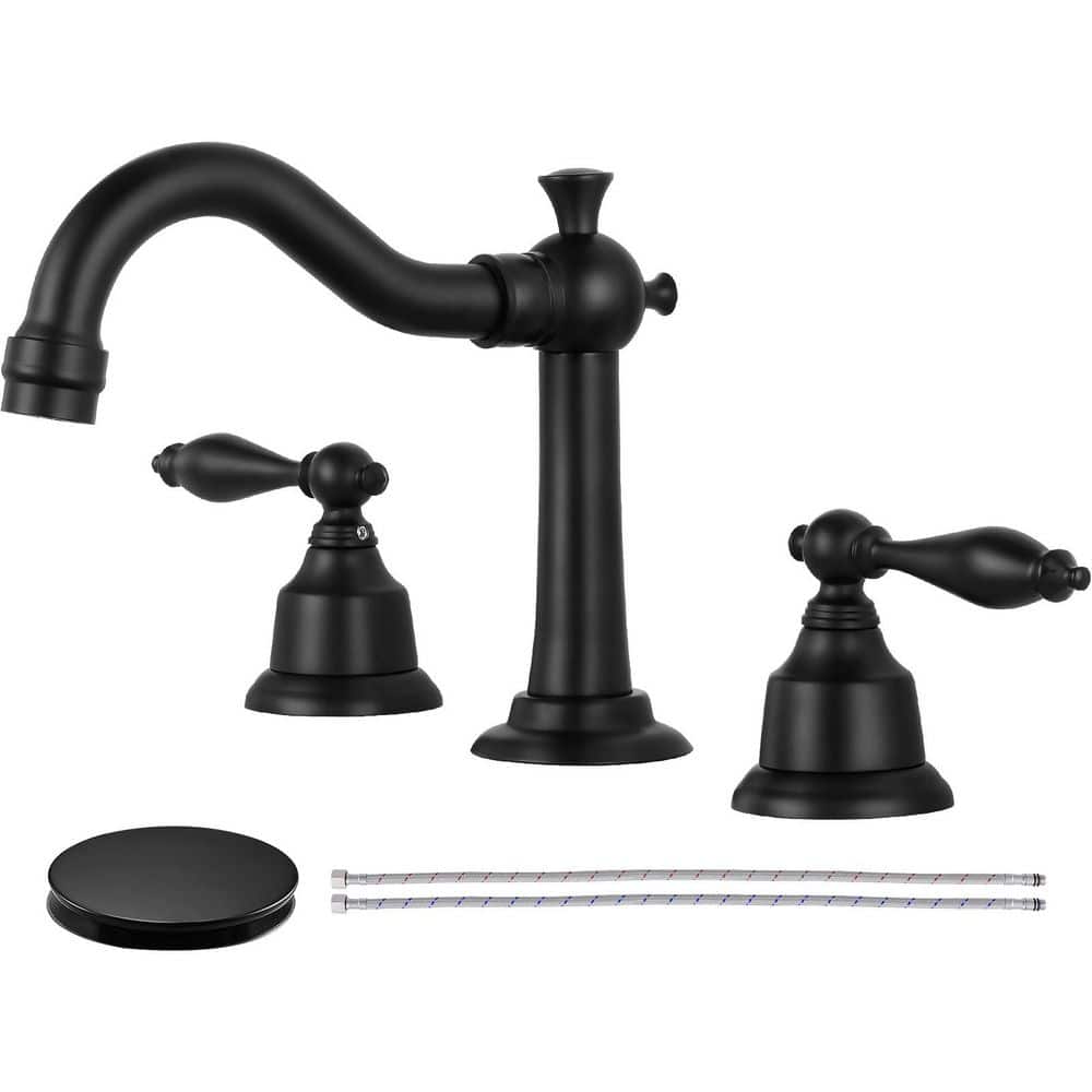 Double Handles 8 in. Widespread Bathroom Faucet 3-Hole Sink Faucet with Pop-Up Drain in Matte Black price history on PriceWatchPro