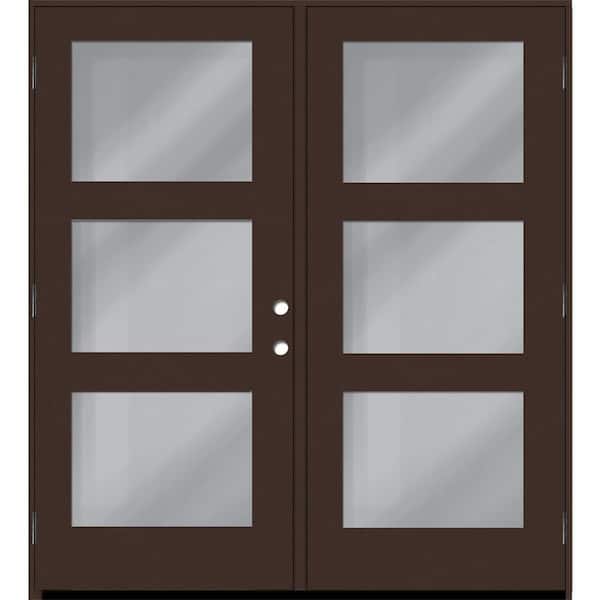 Steves & Sons Regency 72 in. x 80 in. Modern 3L Equal Clear Glass Chestnut RHOS Stained Fiberglass Retro Patio Door with 4 in. Jamb
