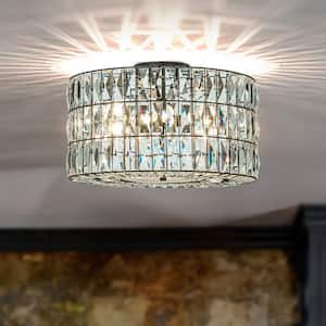 20 in. 4-Light Modern Farmhouse Elegant Lantern Drum Crystal Flush Mount Lighting in Matte Black for Dining Room