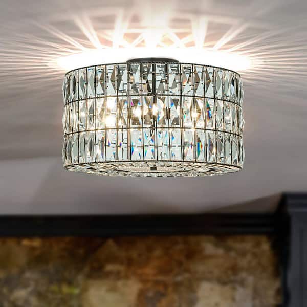 ALOA DECOR 20 in. 4-Light Modern Farmhouse Elegant Lantern Drum Crystal Flush Mount Lighting in Matte Black for Dining Room