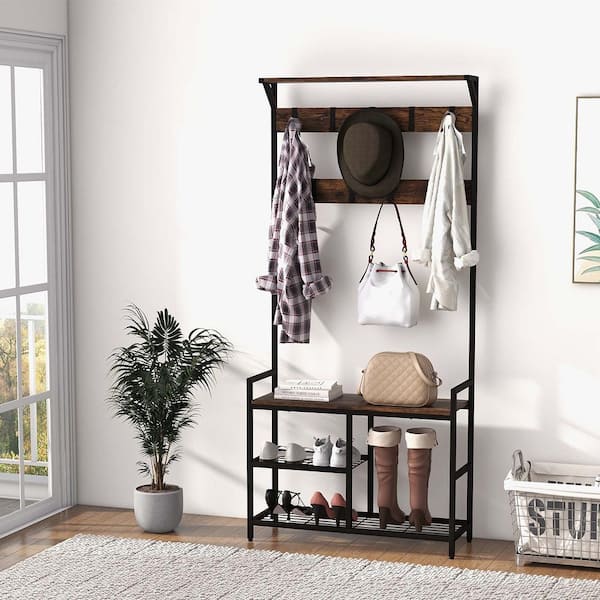 3-in-1 Entryway Coat Rack with Shoe Rack, Coat Clothes Rack Shoe Storage Bench, Multipurpose Hat and Shoe Storage Rack with 5-Tier 8 Hooks, Suitable
