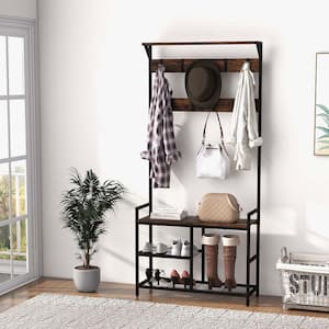 Rustic Brown 71 in. Coat Rack Hall Tree with Shoe Bench Industrial Entryway Storage Shelf with Hooks