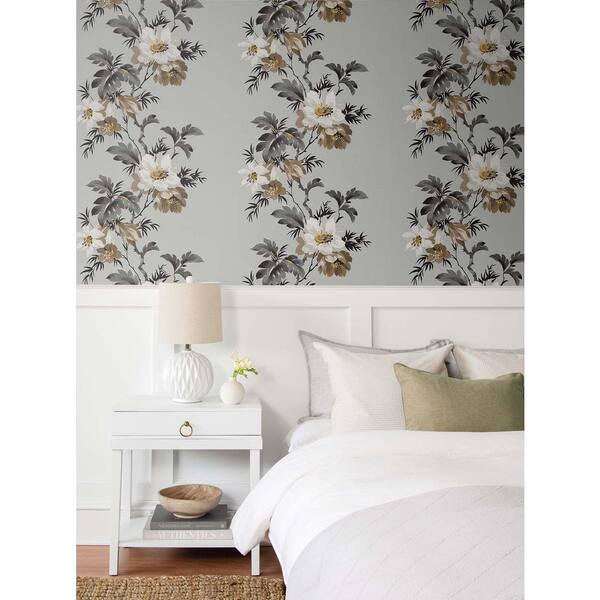 60.75 sq. ft. Lunar Grey Flower Stripe Unpasted Paper Wallpaper Roll