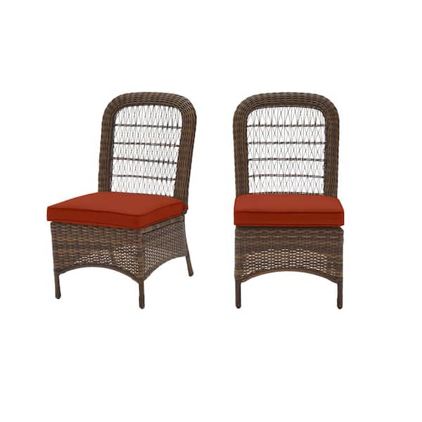 Hampton Bay Beacon Park Brown Wicker Outdoor Patio Armless Dining Chair with CushionGuard Quarry Red Cushions (2-Pack)